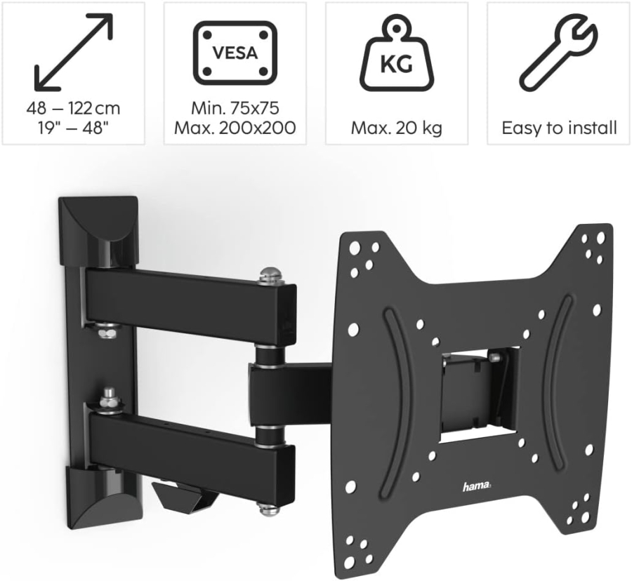 Hama TV Wall Mount Swivel & Tilt for 19-46 Inch TVs (Full Motion) (Full motion mount (3 joints): 180° swivel, extendable up to 31.6 cm – VESA 200x200.)