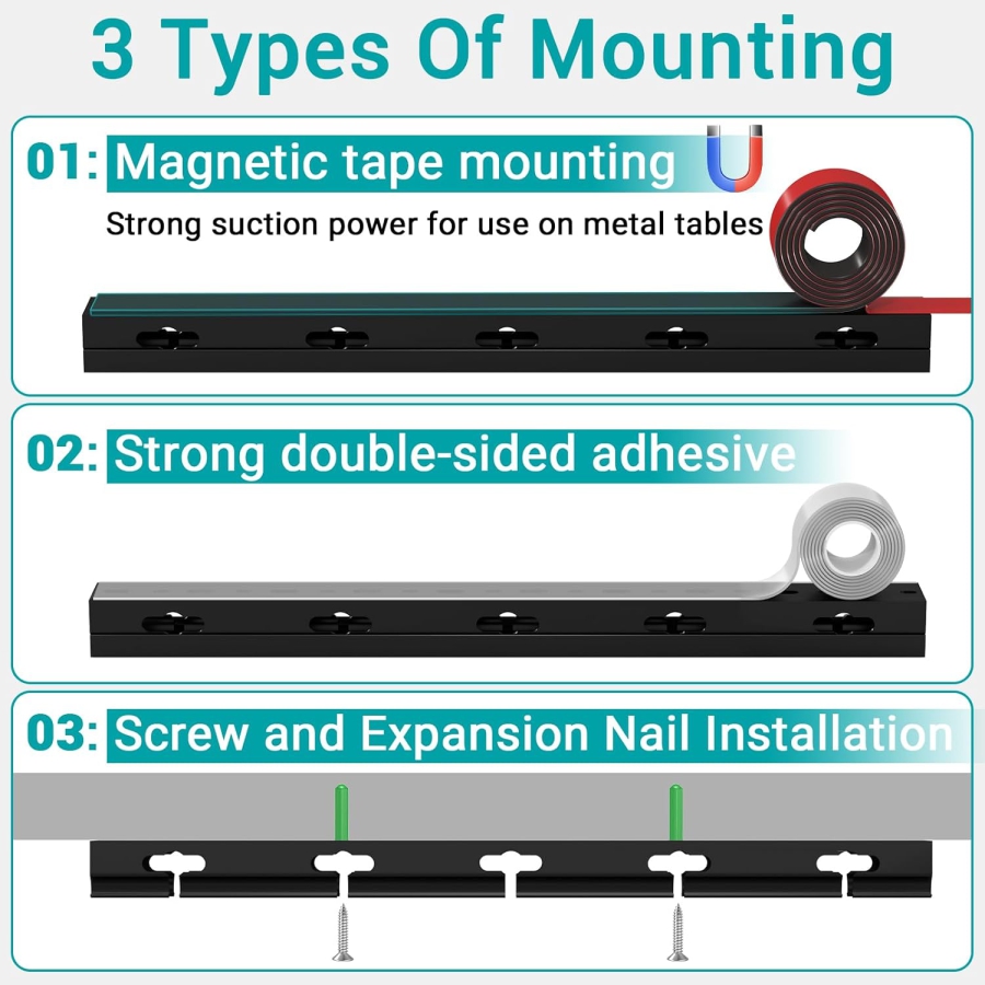 Magnetic Black Cable Raceway 4-Pack for Desk & TV (4x 40cm) (Innovative Cable Management: Magnetic, Self-Adhesive, or Screw-Mount – With Improved Large Holes.)