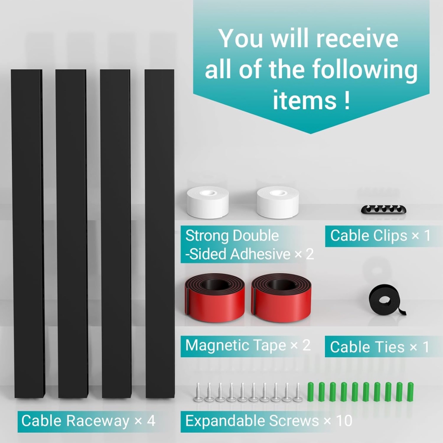 Magnetic Black Cable Raceway 4-Pack for Desk & TV (4x 40cm) (Innovative Cable Management: Magnetic, Self-Adhesive, or Screw-Mount – With Improved Large Holes.)
