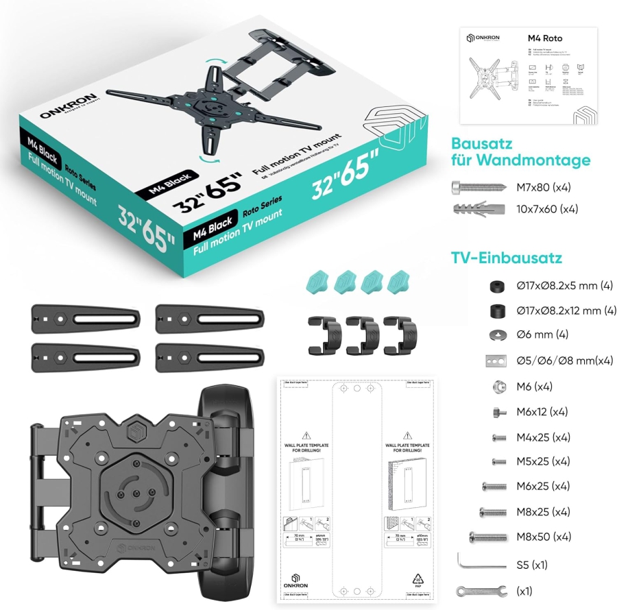 ONKRON TV Wall Mount Swivel & Tilt for 32-65 Inch TVs (M4R-B) (Full Motion: Rotatable to Portrait Mode, Extendable up to 49.6 cm – Load Capacity 41 kg, VESA 400x400)