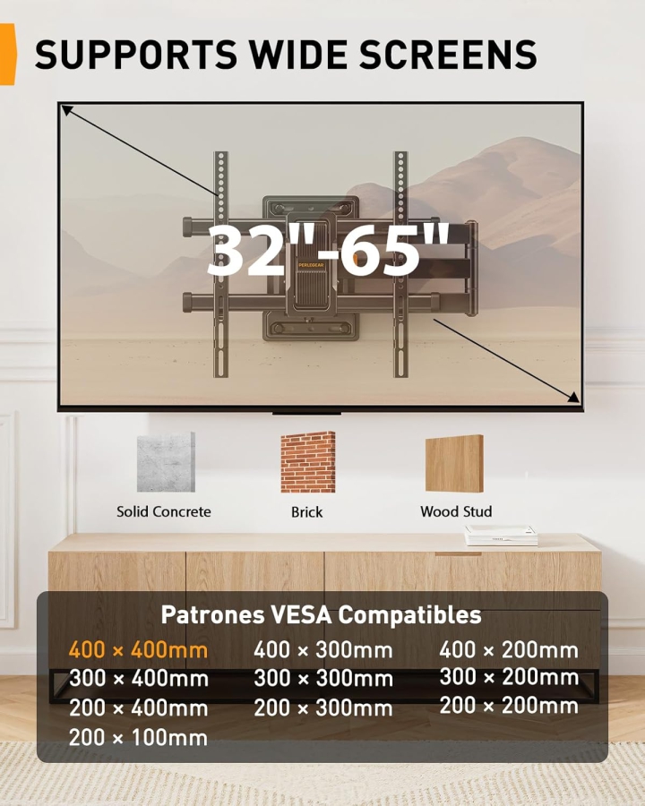 Perlegear Extra Long TV Wall Mount 70cm Extension for 32-65 Inch (Max. 60 kg) (Full Motion Corner Mount with 700mm Arm – ±90° Swivel, Tilt & VESA 400x400.)