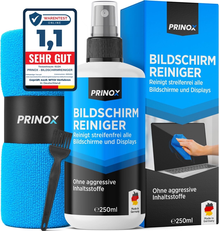 PRINOX Screen Cleaner Set 250ml with Microfiber Cloth & Brush (Made in Germany: Streak-Free Care for LCD, OLED & VESA Monitors – Removes Grease & Fingerprints.)
