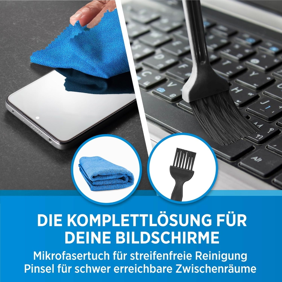 PRINOX Screen Cleaner Set 250ml with Microfiber Cloth & Brush (Made in Germany: Streak-Free Care for LCD, OLED & VESA Monitors – Removes Grease & Fingerprints.)