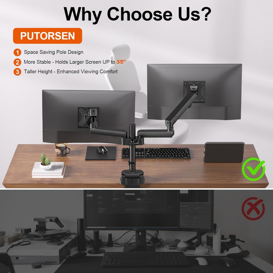 PUTORSEN Dual Monitor Desk Mount for 17–35 Inch Screens (Ergonomic Gas Spring Mount for Two Monitors up to 12 kg Each)