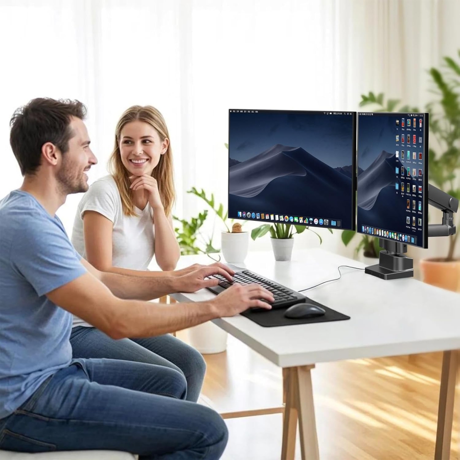 PUTORSEN Dual Monitor Desk Mount for 17–35 Inch Screens (Ergonomic Gas Spring Mount for Two Monitors up to 12 kg Each)
