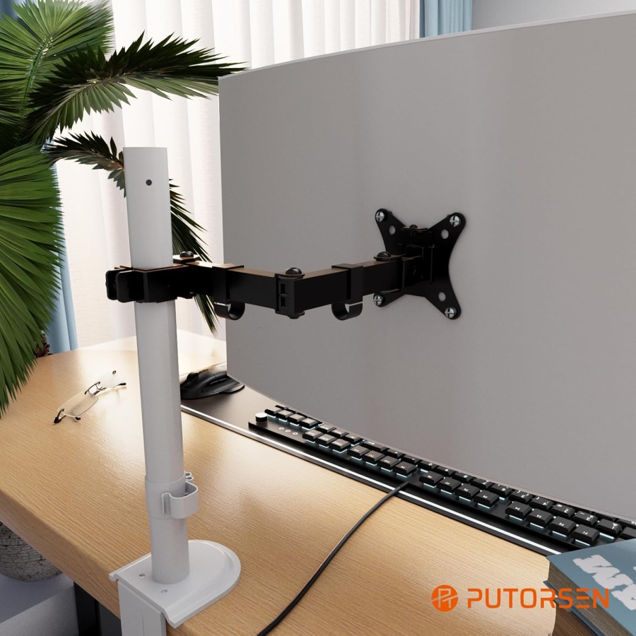 PUTORSEN Single Monitor Arm for Extension (for 3.5 cm Poles) – Stand Not Included (Add-on Arm for existing monitor stands – VESA 75/100, up to 9 kg load & Full Motion.)