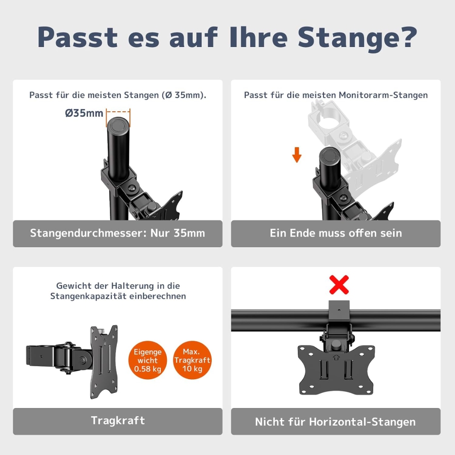 PUTORSEN Universal Steel Mount for Monitor Stands (17-32 Inch, 3.5 cm Pole) (Robust Single Arm up to 10 kg – VESA 75x75/100x100 mm, Tilt, Swivel & 360° Rotatable.)