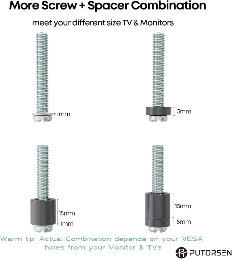 PUTORSEN Universal VESA Screw Set for TVs up to 90 Inches (M4, M5, M6, M8) (Complete Hardware Kit for Wall Mounts & Stands – Incl. Spacers & Washers.)