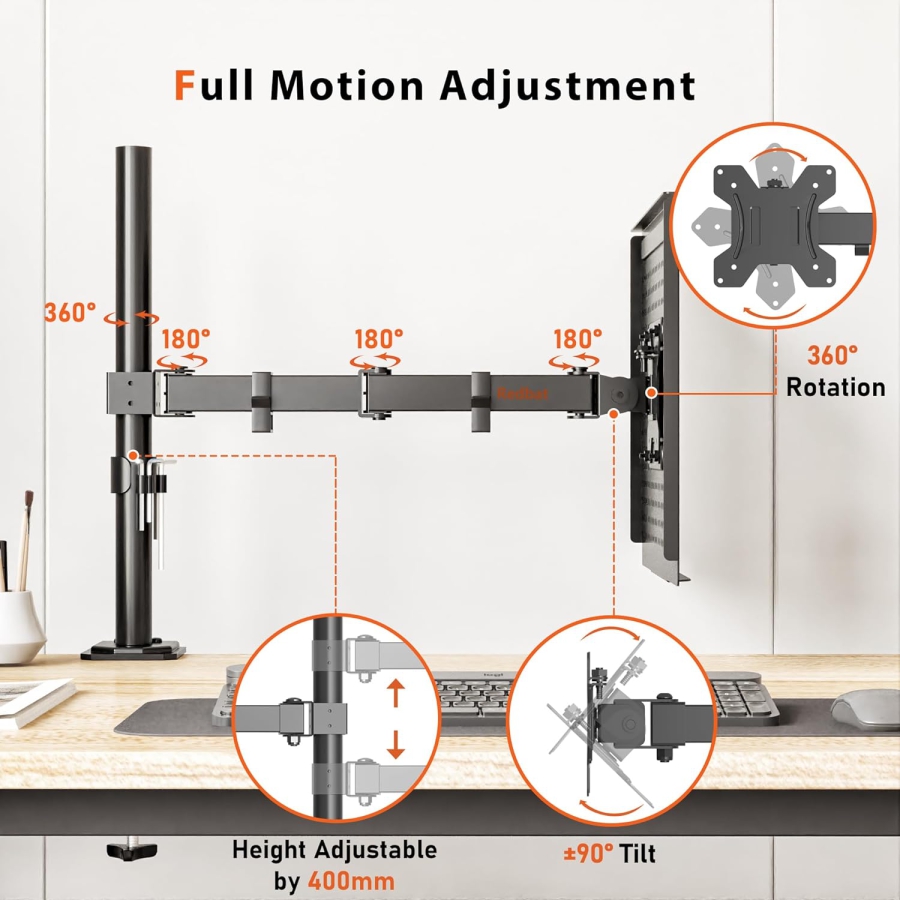 Redbat monitor arm with ventilated laptop tray, fully adjustable for 13 to 32 inch LCD LED screens & up to 16 inch notebooks, 2 mounting options, tilt, swivel & rotate