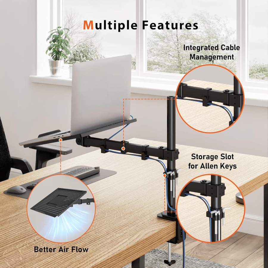 Redbat monitor arm with ventilated laptop tray, fully adjustable for 13 to 32 inch LCD LED screens & up to 16 inch notebooks, 2 mounting options, tilt, swivel & rotate