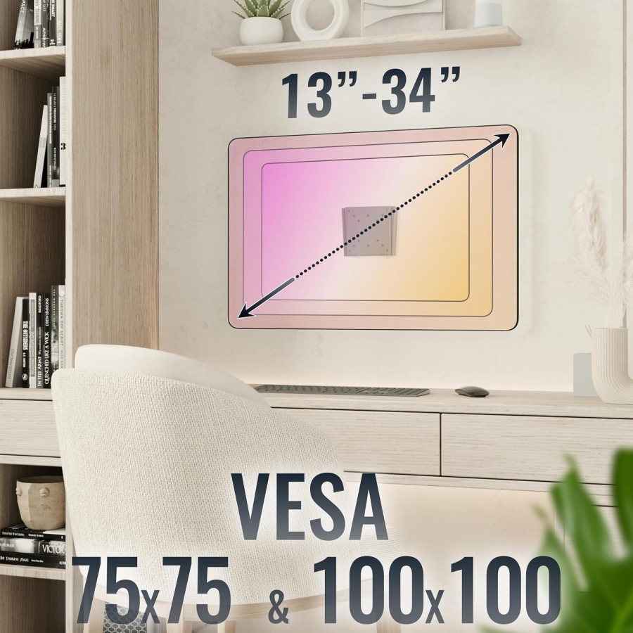RICOO Monitorhalterung Wall F0311 for 13-34 Inch – Fixed & Slim (14mm Depth), VESA 75/100, up to 30kg (Ultra-slim wall mount for PC monitors: Minimalist design, maximum stability, and easy installation.)