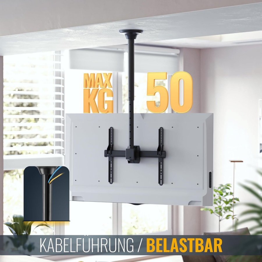 RICOO TV Ceiling Mount (D0244) for 32–55 Inch TVs (Robust ceiling mount with up to 50 kg load capacity – 360° Swivel, Tiltable & Height Adjustable.)