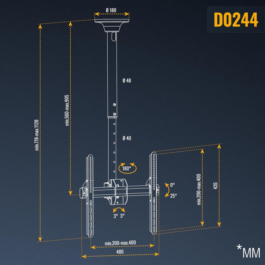 RICOO TV Ceiling Mount (D0244) for 32–55 Inch TVs (Robust ceiling mount with up to 50 kg load capacity – 360° Swivel, Tiltable & Height Adjustable.)