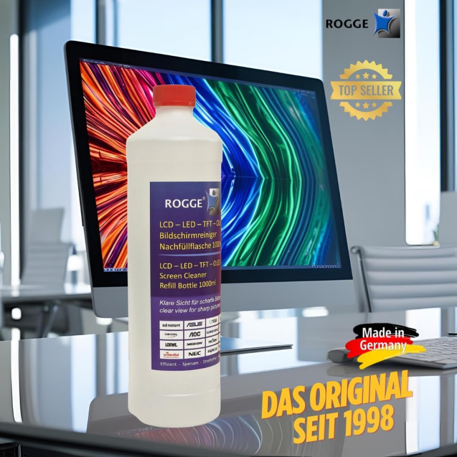 ROGGE 1l Screen Cleaner Refill Bottle – The Original since 1998 for all Displays (Streak-Free Professional Cleaning for Monitors, TV & Glass – Gentle, Economical & No Aggressive Ingredients.)