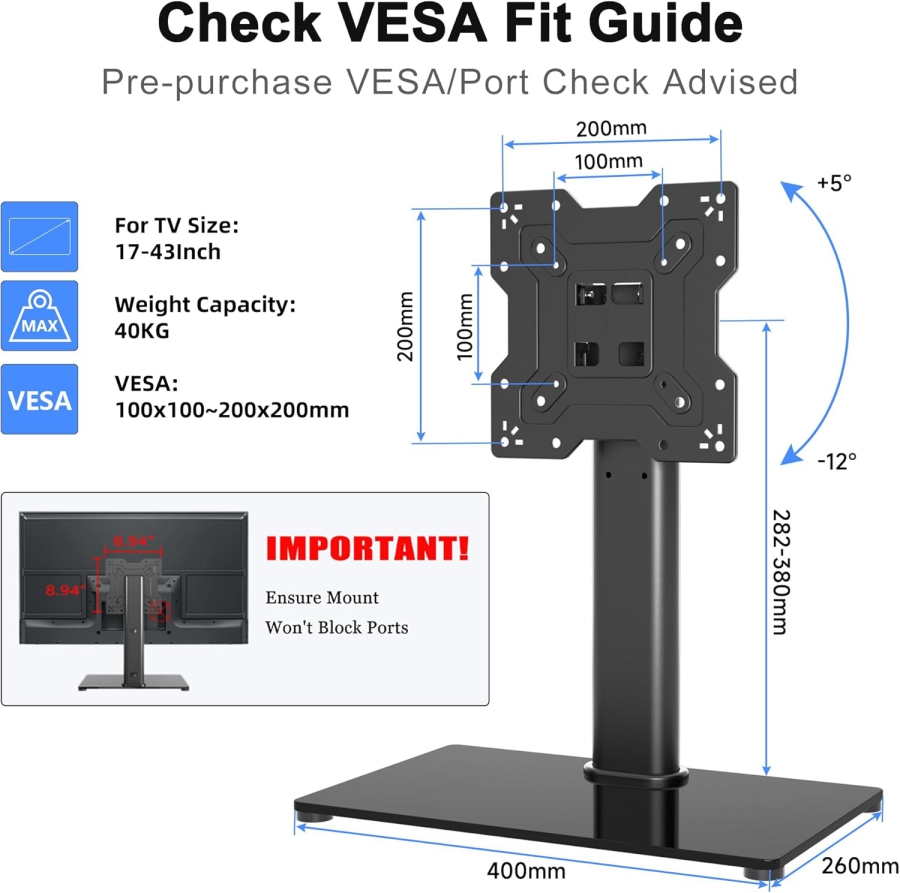 Universal TV & Monitor Stand for 17–43 Inches (Tilt & Height Adjustable) (Elegant Tabletop Stand with Safety Glass Base for Screens up to 40 kg – VESA max. 200x200 mm.)