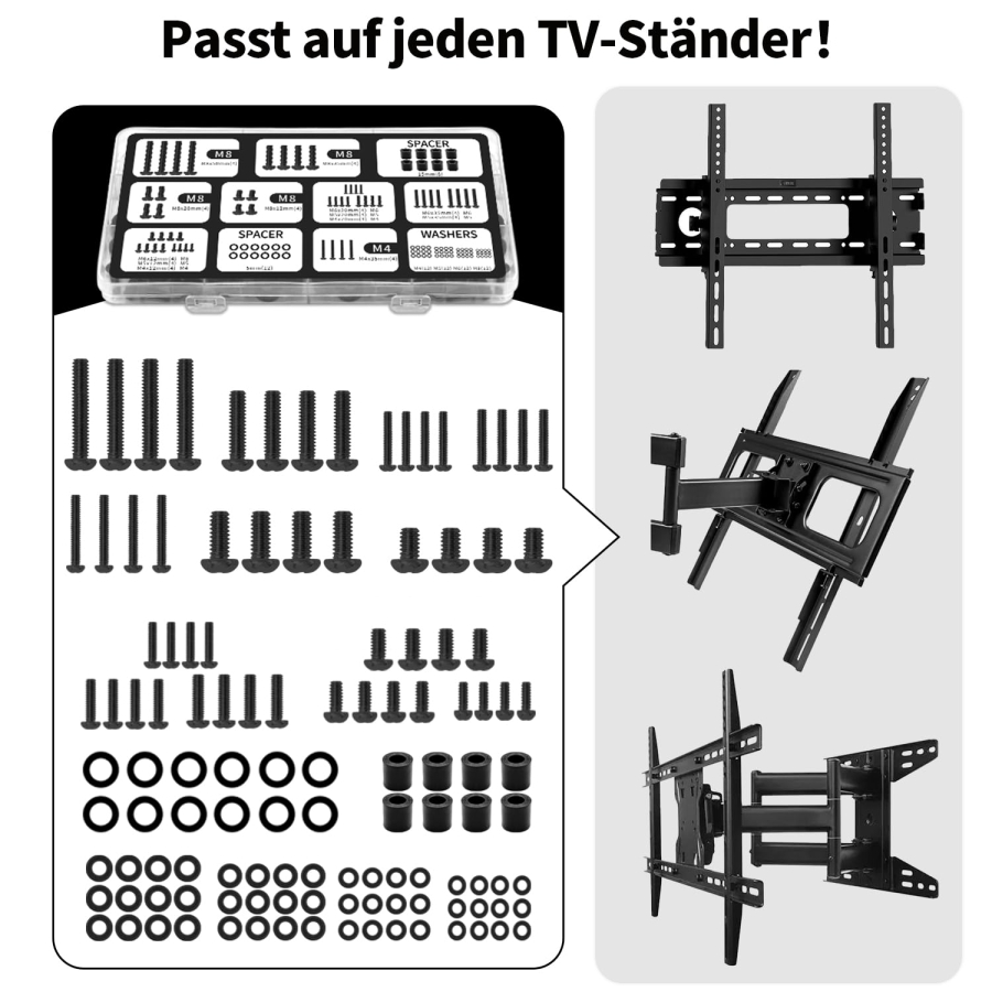 Universal TV Screw Set (120 Pieces) for Wall Mounts & Stands (M4, M5, M6, M8 VESA Screw Assortment incl. Spacers & Washers for TVs up to 80 Inches)