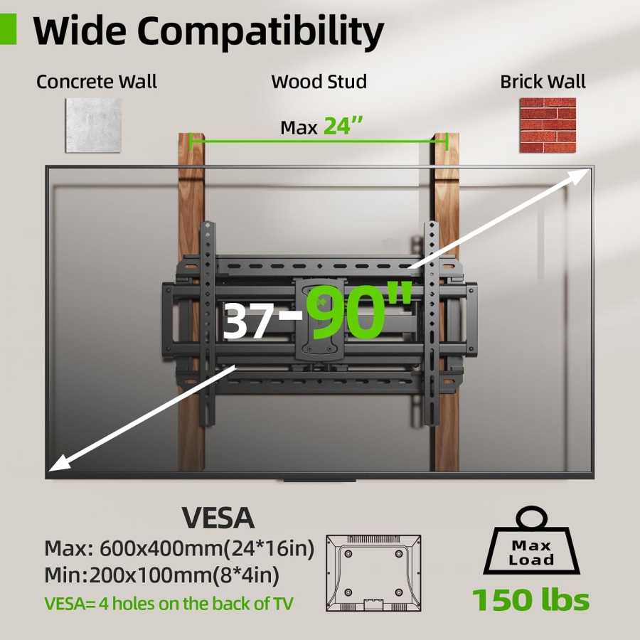 USX-MOUNT TV Wall Mount Swivel & Tilt for 37-90 Inches (up to 68kg) – Extendable Dual Arm, VESA up to 600x400