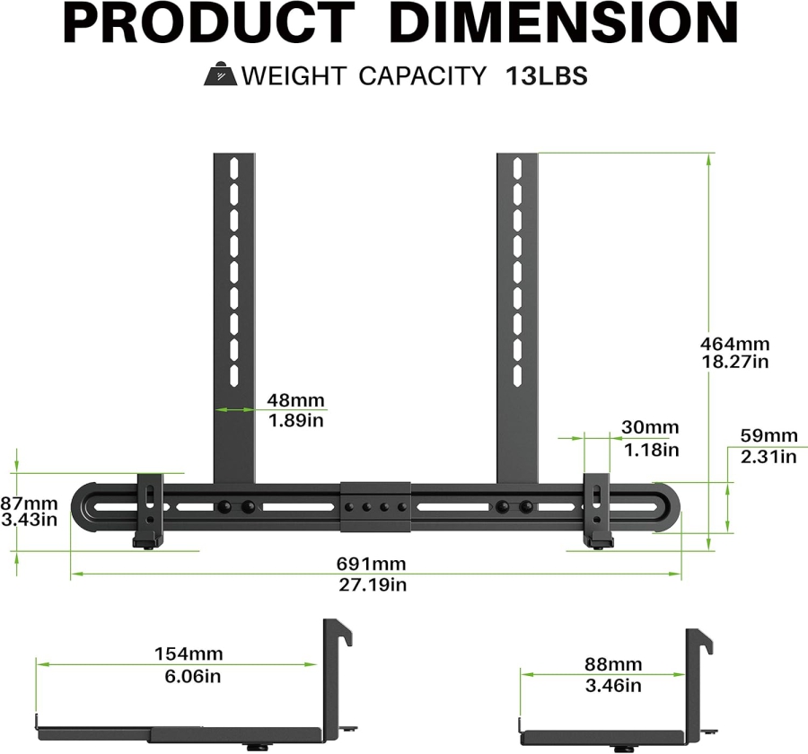 USX-MOUNT Universal Soundbar Mount for Soundbars with & without Holes (Adjustable TV & Wall Mount with Anti-Slip Base (87.5–154 mm) up to 6 kg Load Capacity.)
