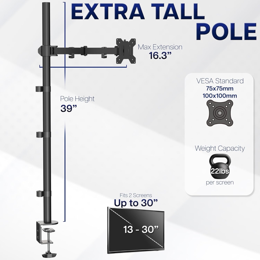 VIVO Monitor Arm 13–32" | 99 cm Pole (Ergonomic Solution for Sit-Stand Workstations: 1010 mm Pole for Flexible Height Adjustment up to 10 kg)