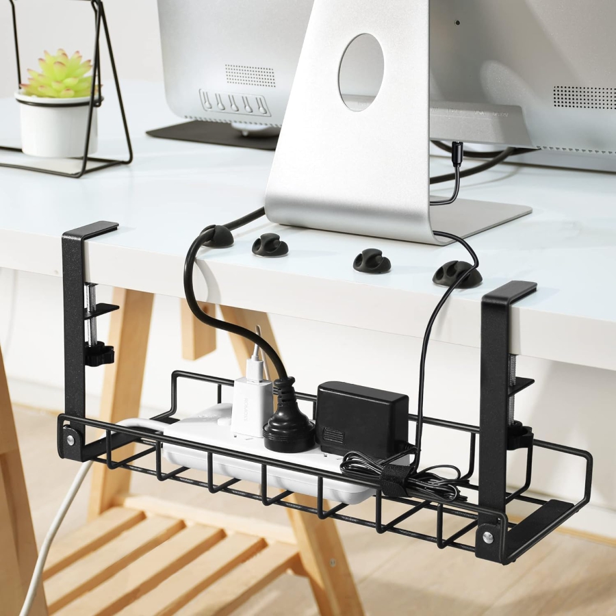 Xpatee Cable Management No Drilling – Clamp-On Desk Cable Tray (Black) (Robust Metal Cable Tray (40 cm) with C-Clamps – No Screwing Needed – For Tabletops 1–6 cm Thick – Incl. Accessories.)