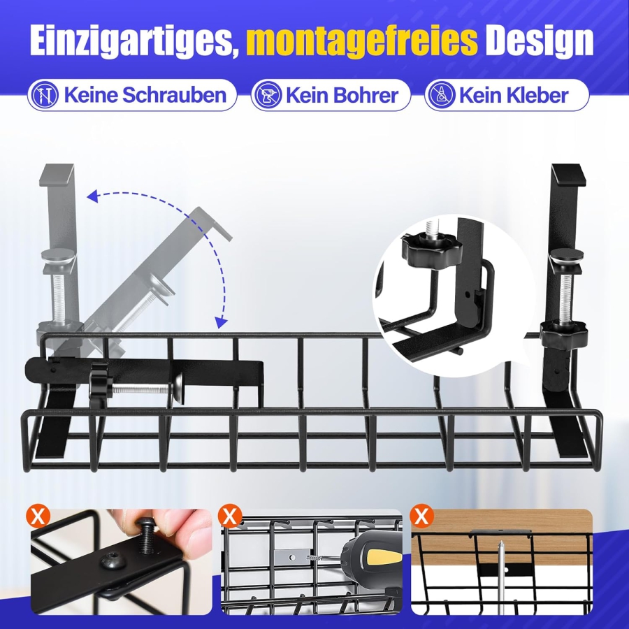 Xpatee Cable Management No Drilling – Clamp-On Desk Cable Tray (Black) (Robust Metal Cable Tray (40 cm) with C-Clamps – No Screwing Needed – For Tabletops 1–6 cm Thick – Incl. Accessories.)