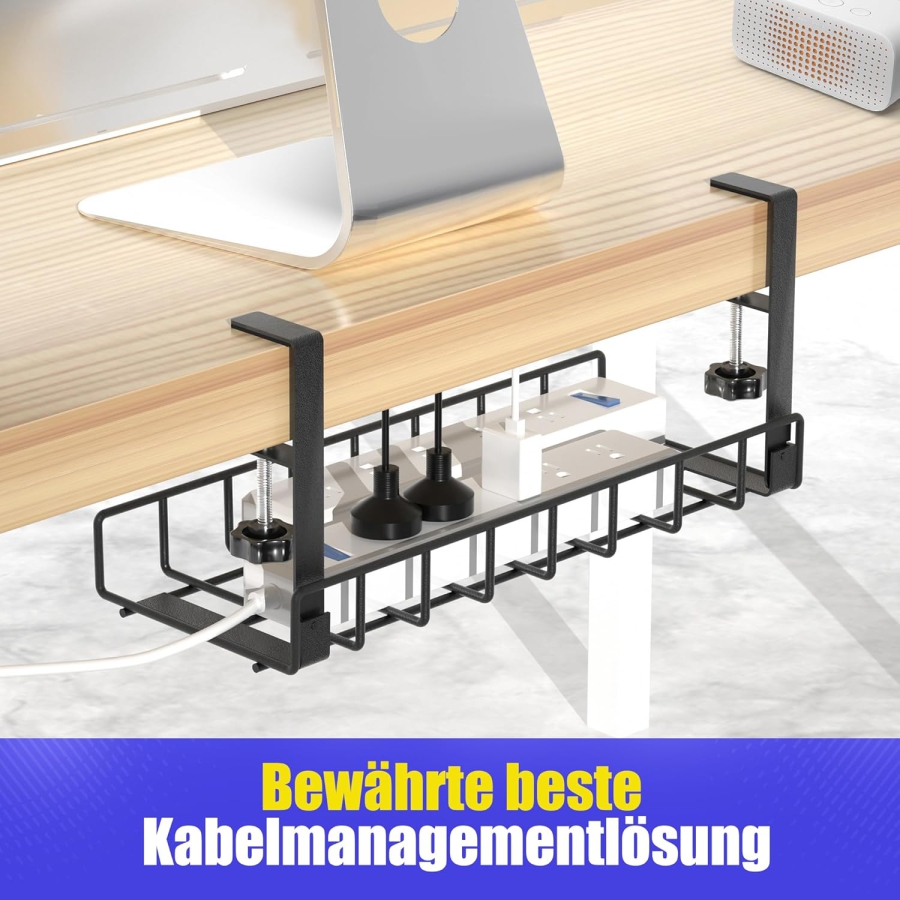Xpatee Cable Management No Drilling – Clamp-On Desk Cable Tray (Black) (Robust Metal Cable Tray (40 cm) with C-Clamps – No Screwing Needed – For Tabletops 1–6 cm Thick – Incl. Accessories.)