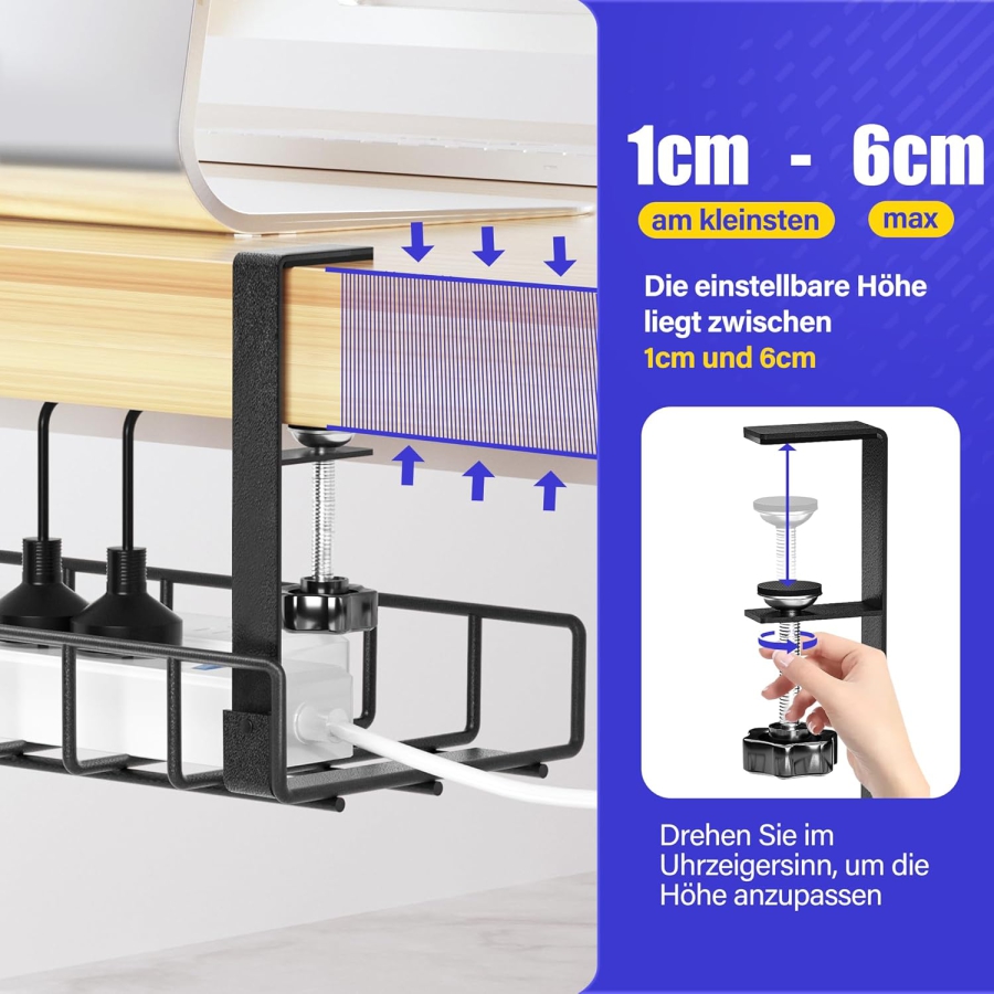 Xpatee Cable Management No Drilling – Clamp-On Desk Cable Tray (Black) (Robust Metal Cable Tray (40 cm) with C-Clamps – No Screwing Needed – For Tabletops 1–6 cm Thick – Incl. Accessories.)