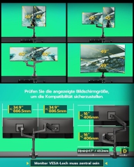 ARES WING Monitor Mount 2 Monitors for 17-49 inch Monitors, Gas Spring and USB A/C Port, Height Adjustable, up to 20kg/Arm, VESA 75 & 100