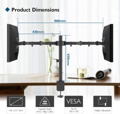 BONTEC Monitor Mount 2 Monitors for 13-27 Inch Flat & Curved Screens, Monitor Table Mount Height Adjustable, Tiltable, Swivel, Rotatable, 10 kg per Arm, VESA 75x75 / 100x100, Black