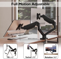BONTEC Monitor Mount 2 Monitors for 13-32 inch Screens, Ergonomic Gas Spring Arm Stand Holds 3-9 kg with Cable Management, Tiltable, Swivel, Rotatable, VESA 75/100 mm